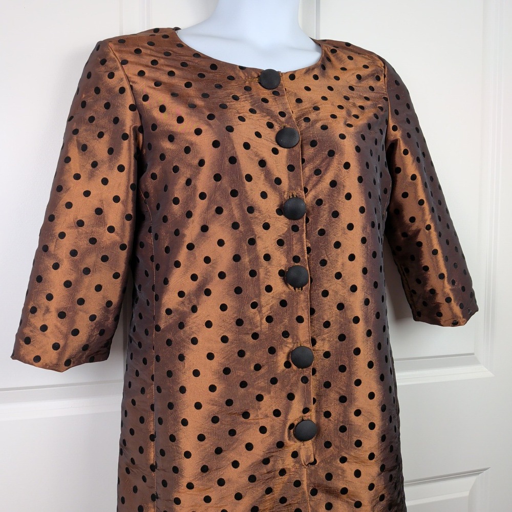 Vintage Mod Retro Librarian Bronze Polka Dot Metallic Shift Dress Twee MCM